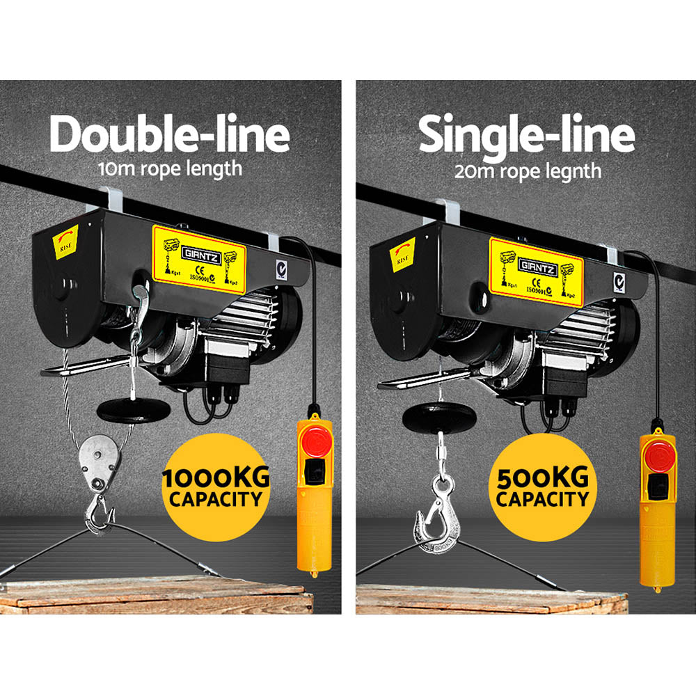 A comparison of two hoists, one labeled "Giantz Electric Hoist Winch 500/1000KG Cable 20M Rope Tool Remote Chain Lifting" and the other "Single-line, 20m rope length, 500KG capacity." Both hoists have yellow control handles hanging below for easy maneuvering of heavy loads. Ideal for various lifting tasks.