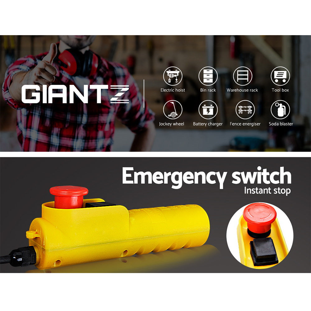 A comparison of two hoists, one labeled "Giantz Electric Hoist Winch 500/1000KG Cable 20M Rope Tool Remote Chain Lifting" and the other "Single-line, 20m rope length, 500KG capacity." Both hoists have yellow control handles hanging below for easy maneuvering of heavy loads. Ideal for various lifting tasks.