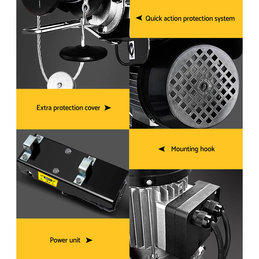 A comparison of two hoists, one labeled "Giantz Electric Hoist Winch 500/1000KG Cable 20M Rope Tool Remote Chain Lifting" and the other "Single-line, 20m rope length, 500KG capacity." Both hoists have yellow control handles hanging below for easy maneuvering of heavy loads. Ideal for various lifting tasks.