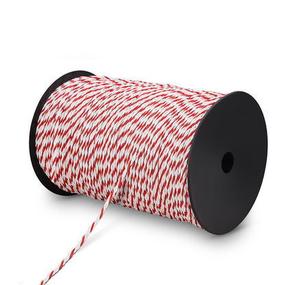 A Giantz Electric Fence Poly Rope 500M is shown, wound around a black cylindrical holder with one loose end hanging down. The twine, ideal for use in electric fences and livestock fencing, is neatly coiled, boasting a vibrant, candy-cane-like appearance.