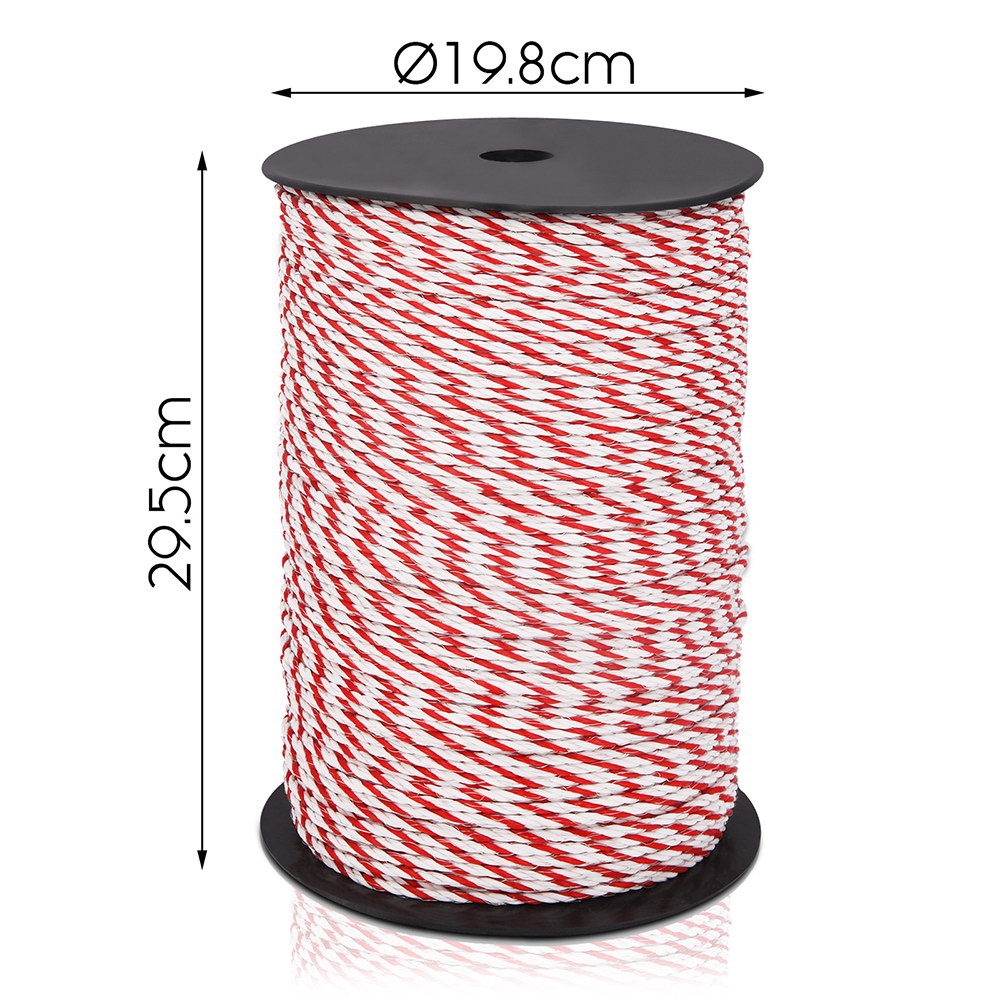 A Giantz Electric Fence Poly Rope 500M is shown, wound around a black cylindrical holder with one loose end hanging down. The twine, ideal for use in electric fences and livestock fencing, is neatly coiled, boasting a vibrant, candy-cane-like appearance.