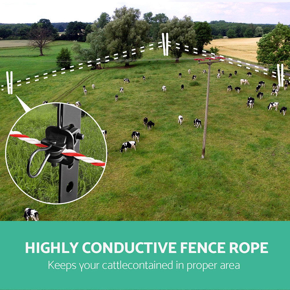 A Giantz Electric Fence Poly Rope 500M is shown, wound around a black cylindrical holder with one loose end hanging down. The twine, ideal for use in electric fences and livestock fencing, is neatly coiled, boasting a vibrant, candy-cane-like appearance.