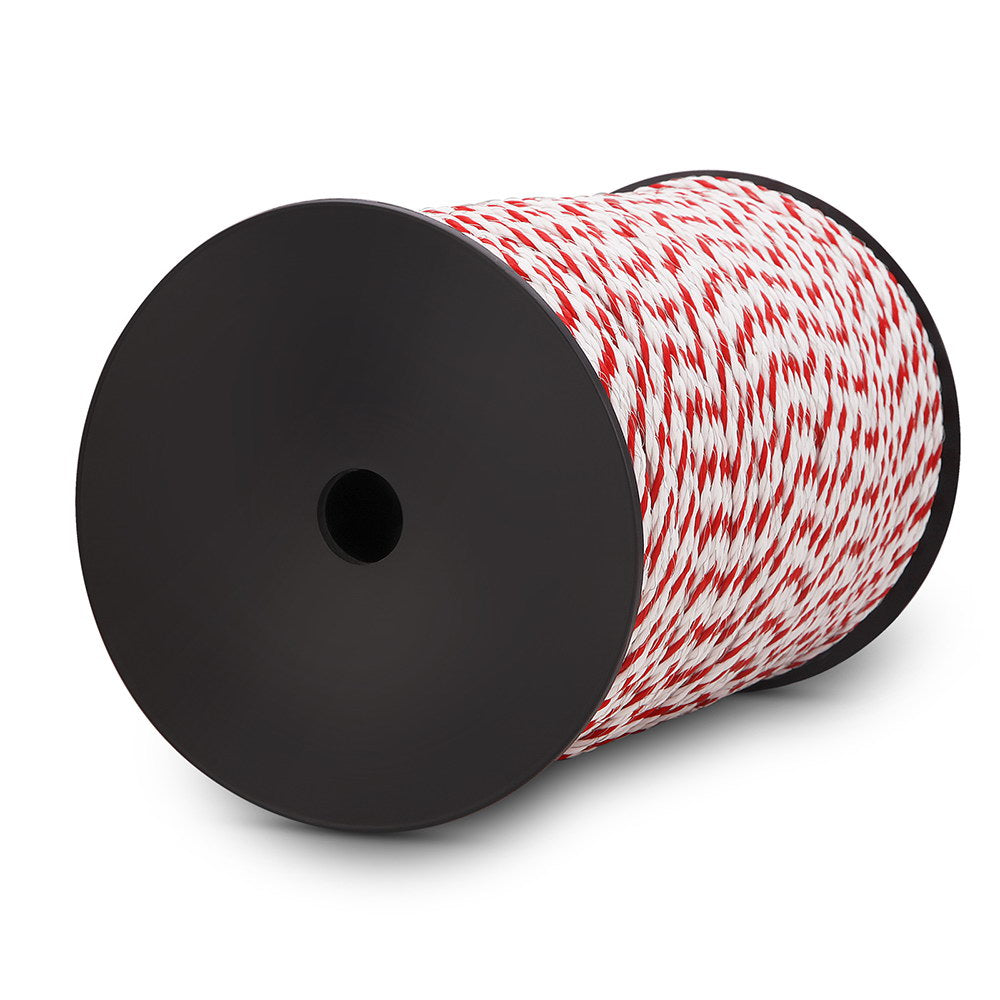 A Giantz Electric Fence Poly Rope 500M is shown, wound around a black cylindrical holder with one loose end hanging down. The twine, ideal for use in electric fences and livestock fencing, is neatly coiled, boasting a vibrant, candy-cane-like appearance.