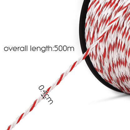 A Giantz Electric Fence Poly Rope 500M is shown, wound around a black cylindrical holder with one loose end hanging down. The twine, ideal for use in electric fences and livestock fencing, is neatly coiled, boasting a vibrant, candy-cane-like appearance.