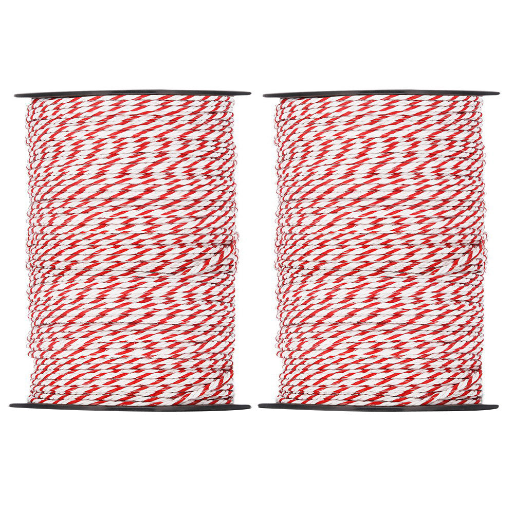 Two spools of **Giantz Electric Fence Poly Rope 2x 500M**, similar to polyrope used in electric fencing, are placed side by side. Wound tightly in a spiral pattern, the colors interweave to give a candy cane-like appearance. The spools feature black tops and bottoms.