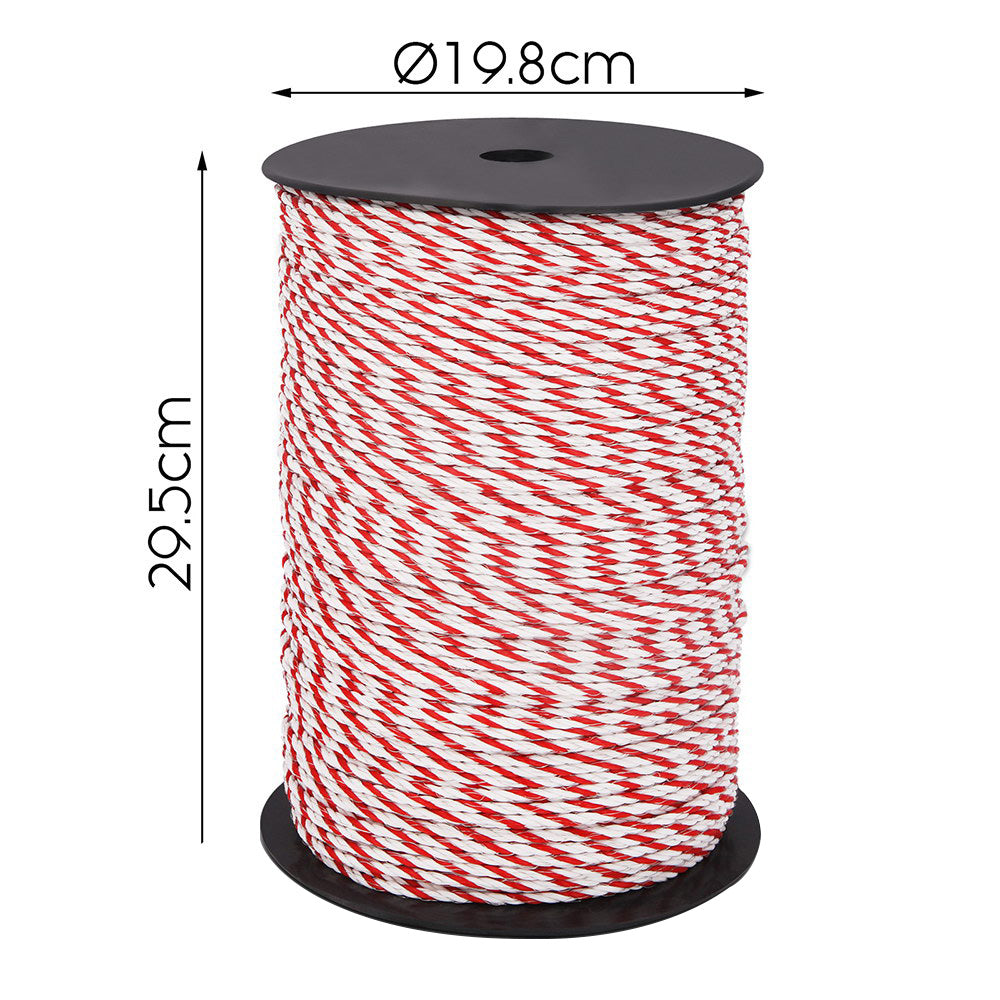 Two spools of **Giantz Electric Fence Poly Rope 2x 500M**, similar to polyrope used in electric fencing, are placed side by side. Wound tightly in a spiral pattern, the colors interweave to give a candy cane-like appearance. The spools feature black tops and bottoms.