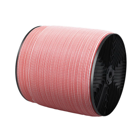 A cylindrical air filter cartridge with black caps on both ends and a red and white striped pleated filter material in between, resembling Giantz Electric Fence Poly Tape 1200M. The design appears compact and sturdy, suitable for filtration systems.