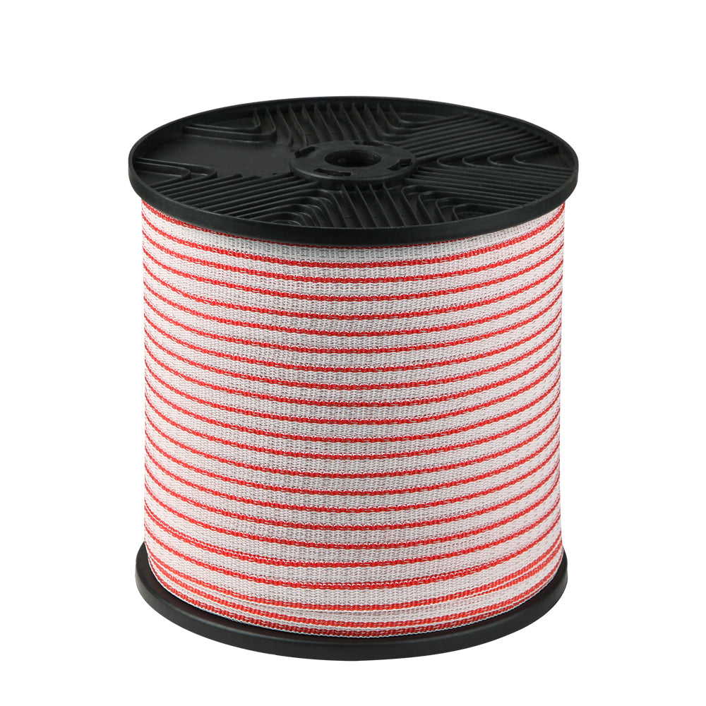 A large spool of Giantz Electric Fence Poly Tape 400M Insulator, reminiscent of durable polytape used in livestock fencing, is neatly rolled. The spool has black circular ends and an indented center for easy handling and storage. The ribbon is uniform in width and tightly wound around the spool.