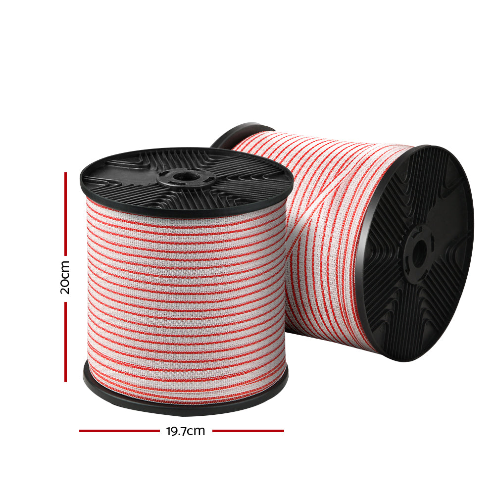 A large spool of Giantz Electric Fence Poly Tape 400M Insulator, reminiscent of durable polytape used in livestock fencing, is neatly rolled. The spool has black circular ends and an indented center for easy handling and storage. The ribbon is uniform in width and tightly wound around the spool.