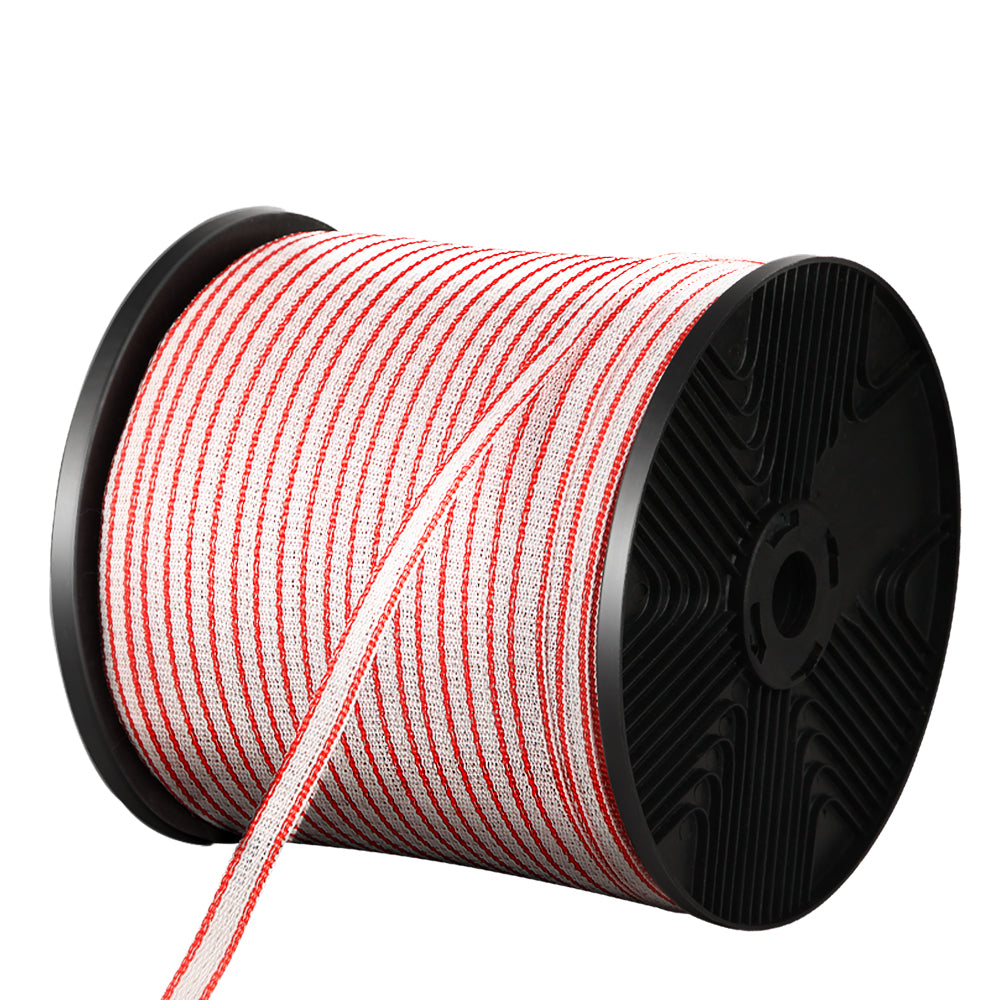 A large spool of Giantz Electric Fence Poly Tape 400M Insulator, reminiscent of durable polytape used in livestock fencing, is neatly rolled. The spool has black circular ends and an indented center for easy handling and storage. The ribbon is uniform in width and tightly wound around the spool.