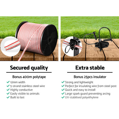 A large spool of Giantz Electric Fence Poly Tape 400M Insulator, reminiscent of durable polytape used in livestock fencing, is neatly rolled. The spool has black circular ends and an indented center for easy handling and storage. The ribbon is uniform in width and tightly wound around the spool.