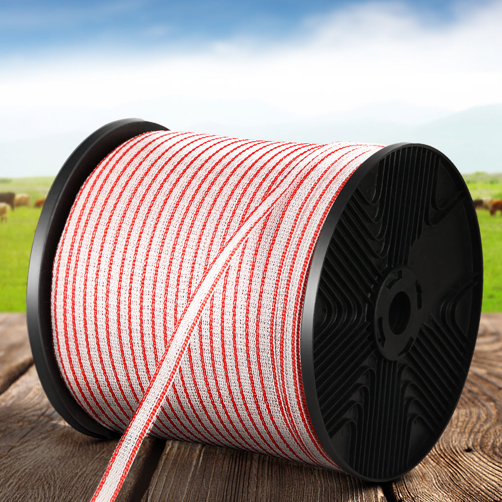 A large spool of Giantz Electric Fence Poly Tape 400M Insulator, reminiscent of durable polytape used in livestock fencing, is neatly rolled. The spool has black circular ends and an indented center for easy handling and storage. The ribbon is uniform in width and tightly wound around the spool.