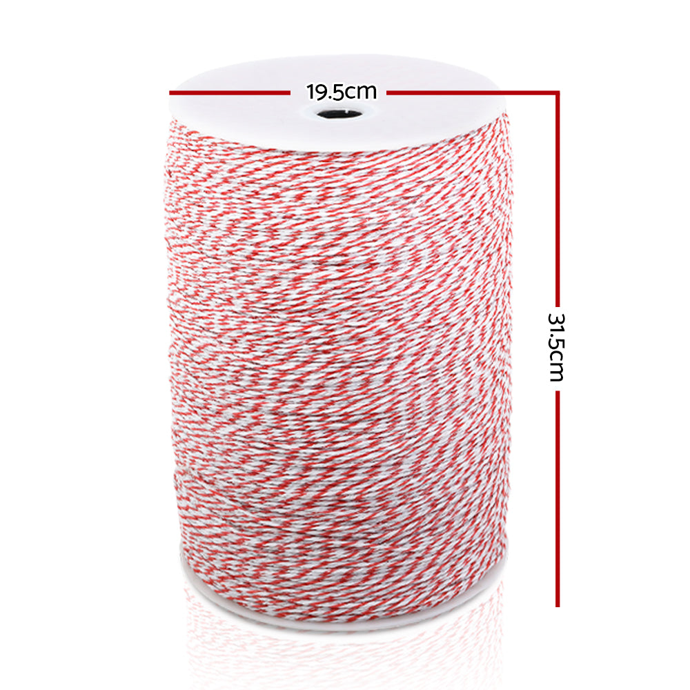 A large spool of Giantz Electric Fence Poly Wire 2000M sits against a white background. The spool is cylindrical, and the string is tightly wound, displaying a uniform pattern—perfect for livestock fencing with enhanced electric fence visibility.