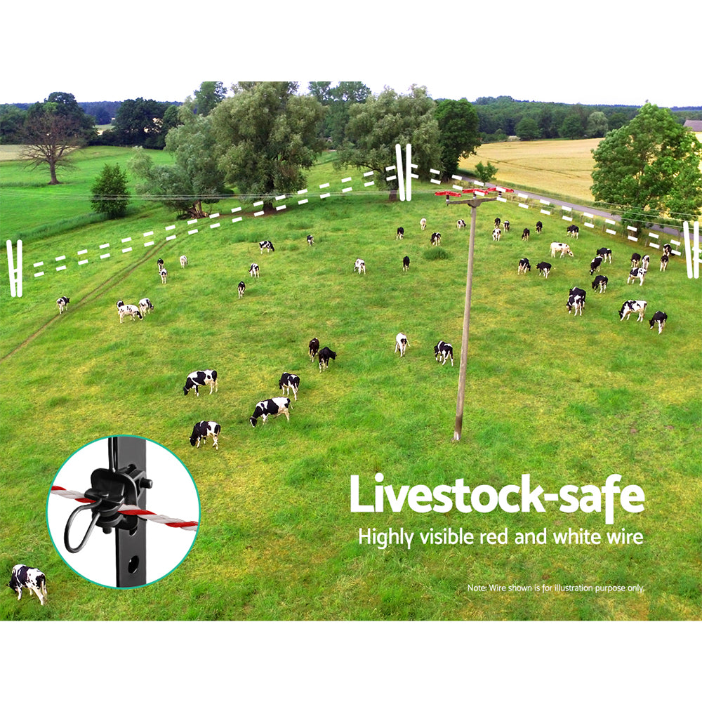 A large spool of Giantz Electric Fence Poly Wire 2000M sits against a white background. The spool is cylindrical, and the string is tightly wound, displaying a uniform pattern—perfect for livestock fencing with enhanced electric fence visibility.