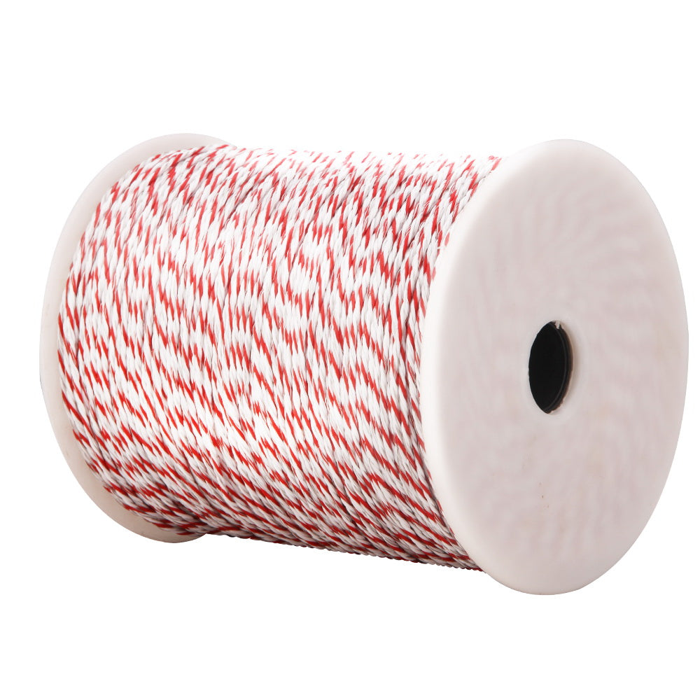 A Giantz Electric Fence Poly Wire 500M Insulator, perfect for livestock fencing. The string is neatly wound around the spool, which is white with a central black hole. The combination of colors creates a striped pattern. The spool is positioned at an angle, showcasing the texture ideal for electric fence setups.