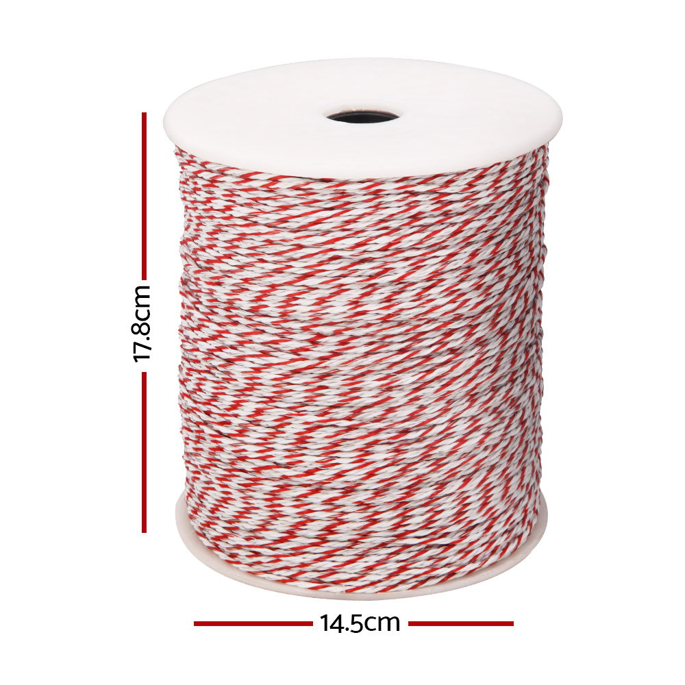 A Giantz Electric Fence Poly Wire 500M Insulator, perfect for livestock fencing. The string is neatly wound around the spool, which is white with a central black hole. The combination of colors creates a striped pattern. The spool is positioned at an angle, showcasing the texture ideal for electric fence setups.