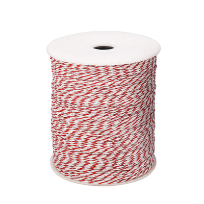 A Giantz Electric Fence Poly Wire 500M Insulator, perfect for livestock fencing. The string is neatly wound around the spool, which is white with a central black hole. The combination of colors creates a striped pattern. The spool is positioned at an angle, showcasing the texture ideal for electric fence setups.