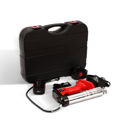 A red and black Giantz Grease Gun Cordless 20v 450g 9000PSI 76cm Hose Electric Battery Cartridge with a metallic grease cartridge and LCD screen is shown in front of a black carrying case. The set includes two rechargeable batteries, a battery charger, and features a high volume pump for efficient usage.