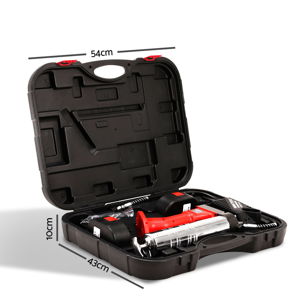 A red and black Giantz Grease Gun Cordless 20v 450g 9000PSI 76cm Hose Electric Battery Cartridge with a metallic grease cartridge and LCD screen is shown in front of a black carrying case. The set includes two rechargeable batteries, a battery charger, and features a high volume pump for efficient usage.