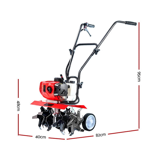 Image of a Giantz 65CC Tiller Garden Cultivator Rototiller 6 Blades Soil Plower Rotary Hoe featuring a red and black design, with a 2-stroke petrol motor. It has a handlebar, two wheels, and hardened steel tines for tilling the soil. Dimensions include a 48cm high tilling blade, 40cm wide tilling area, 82cm length, and 95cm overall height.