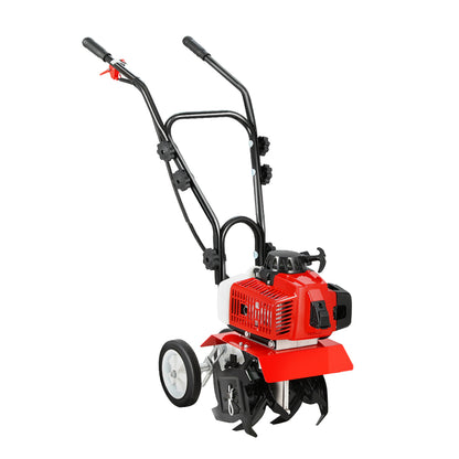 A Giantz 88CC Tiller Garden Cultivator Rototiller 4 Blades Soil Plower Rotary Hoe with two wheels and multiple blades. It features a sturdy handlebar with a black grip and control cables attached. Equipped with an 88cc motor, this hand-held tiller is compact, designed for soil cultivation, gardening tasks, and offers adjustable tilling depth.