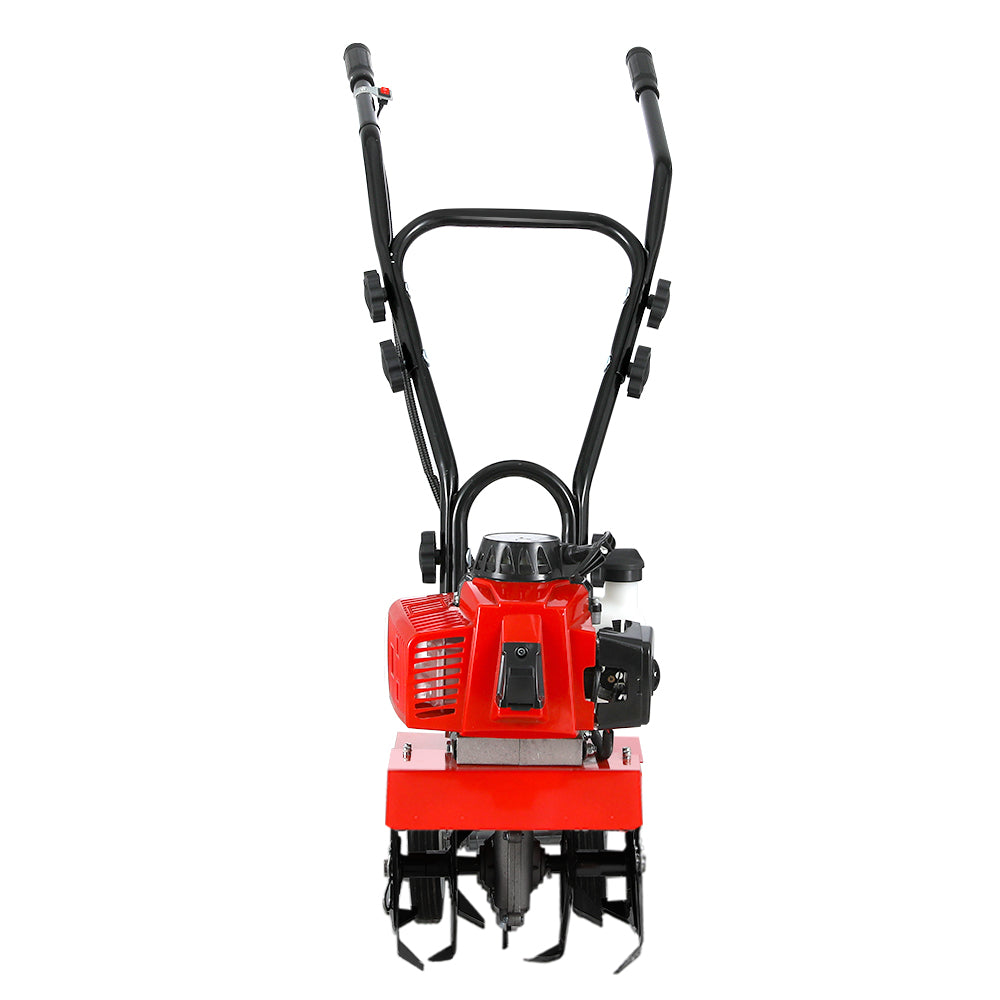 A Giantz 88CC Tiller Garden Cultivator Rototiller 4 Blades Soil Plower Rotary Hoe with two wheels and multiple blades. It features a sturdy handlebar with a black grip and control cables attached. Equipped with an 88cc motor, this hand-held tiller is compact, designed for soil cultivation, gardening tasks, and offers adjustable tilling depth.