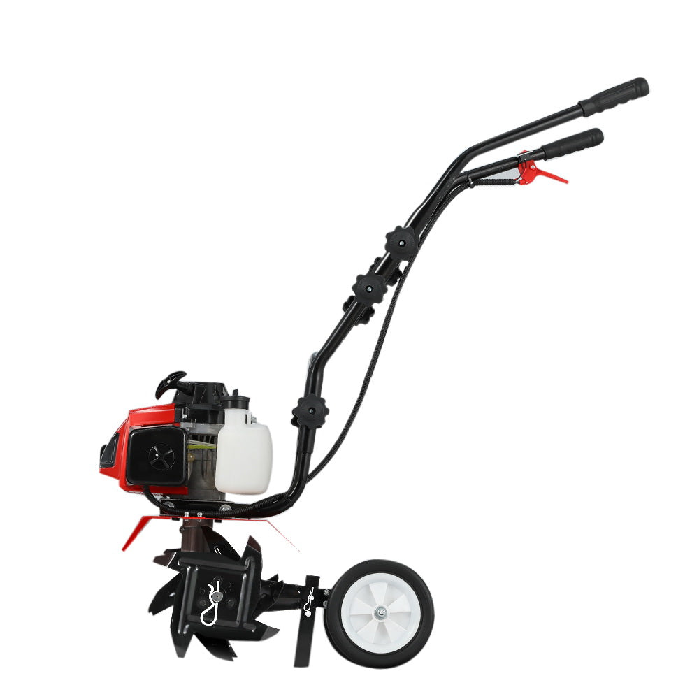 A Giantz 88CC Tiller Garden Cultivator Rototiller 4 Blades Soil Plower Rotary Hoe with two wheels and multiple blades. It features a sturdy handlebar with a black grip and control cables attached. Equipped with an 88cc motor, this hand-held tiller is compact, designed for soil cultivation, gardening tasks, and offers adjustable tilling depth.