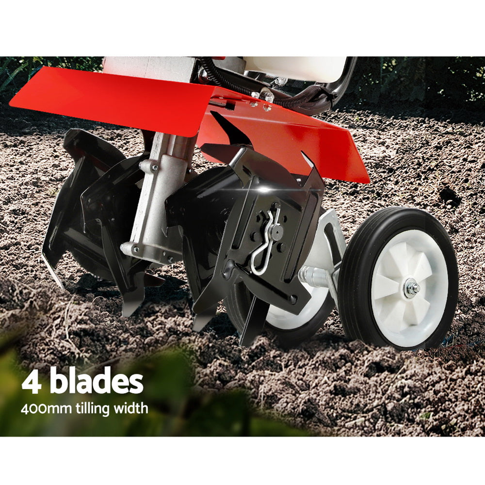 A Giantz 88CC Tiller Garden Cultivator Rototiller 4 Blades Soil Plower Rotary Hoe with two wheels and multiple blades. It features a sturdy handlebar with a black grip and control cables attached. Equipped with an 88cc motor, this hand-held tiller is compact, designed for soil cultivation, gardening tasks, and offers adjustable tilling depth.