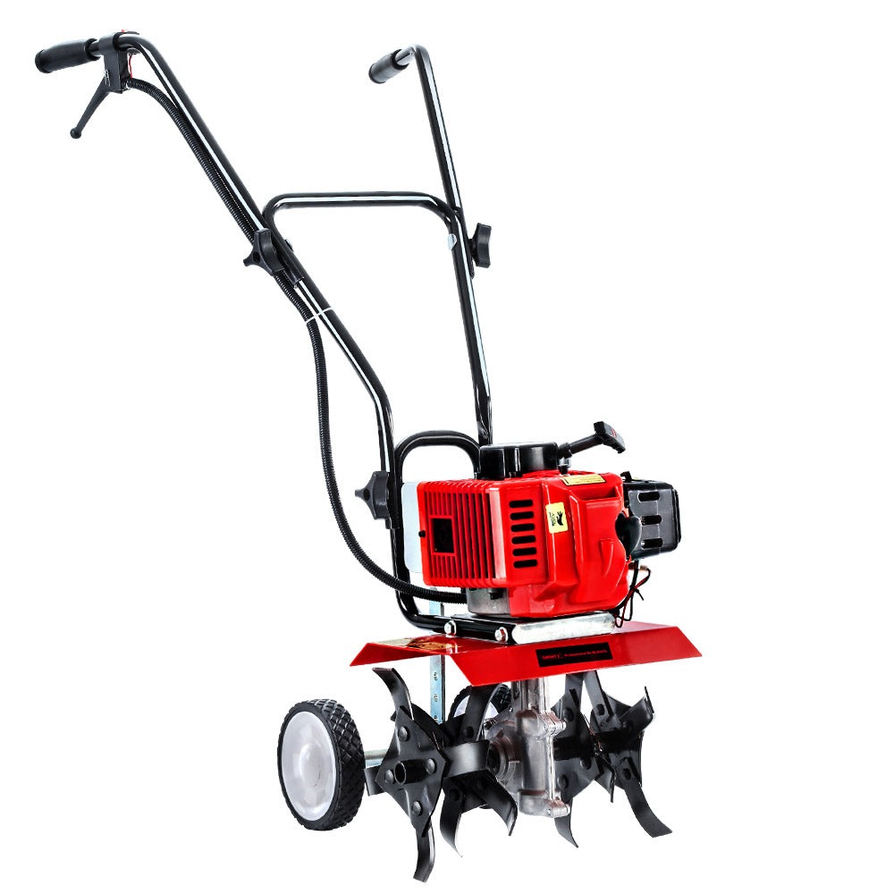 A red and black hand-held tiller with two handles, black tubing, and rotating metal blades. This Giantz 88CC Tiller Rototiller Garden Cultivator 4 Blades Soil Power Rotary Hoe also has white wheels, an 88cc motor, and is designed for soil tilling and gardening tasks. The engine and control elements are prominently visible.