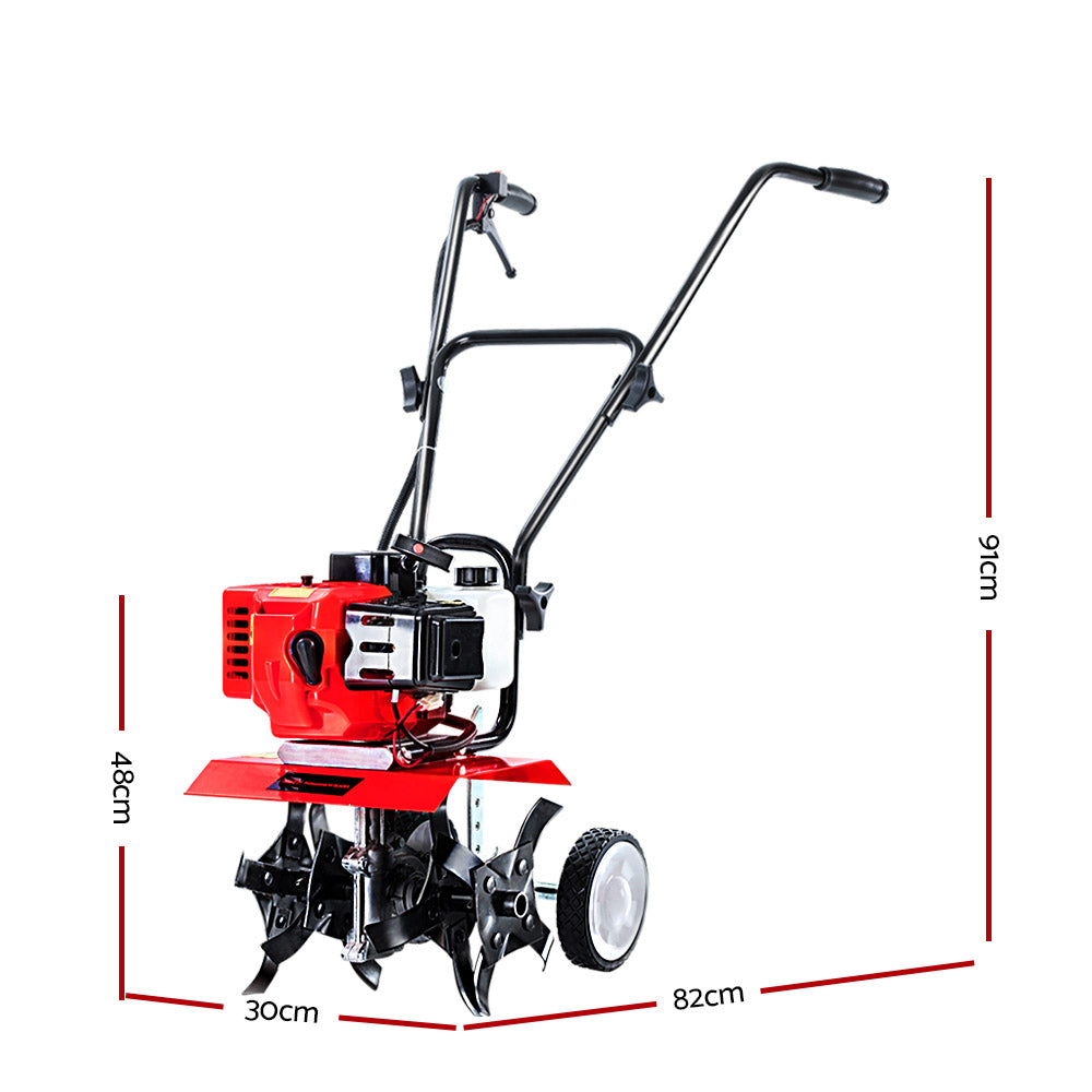 A red and black hand-held tiller with two handles, black tubing, and rotating metal blades. This Giantz 88CC Tiller Rototiller Garden Cultivator 4 Blades Soil Power Rotary Hoe also has white wheels, an 88cc motor, and is designed for soil tilling and gardening tasks. The engine and control elements are prominently visible.