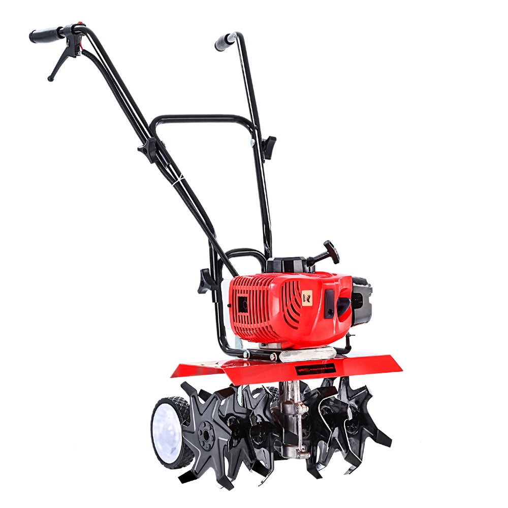 A red and black **Giantz 88CC Tiller Rototiller Garden Cultivator 6 Blades Soil Power Rotary Hoe** with sharp agricultural blades, a powerful 88cc motor, and handles for maneuvering. The garden cultivator is designed for use in gardening or farming to break up soil. The design includes durable tires for easy movement.