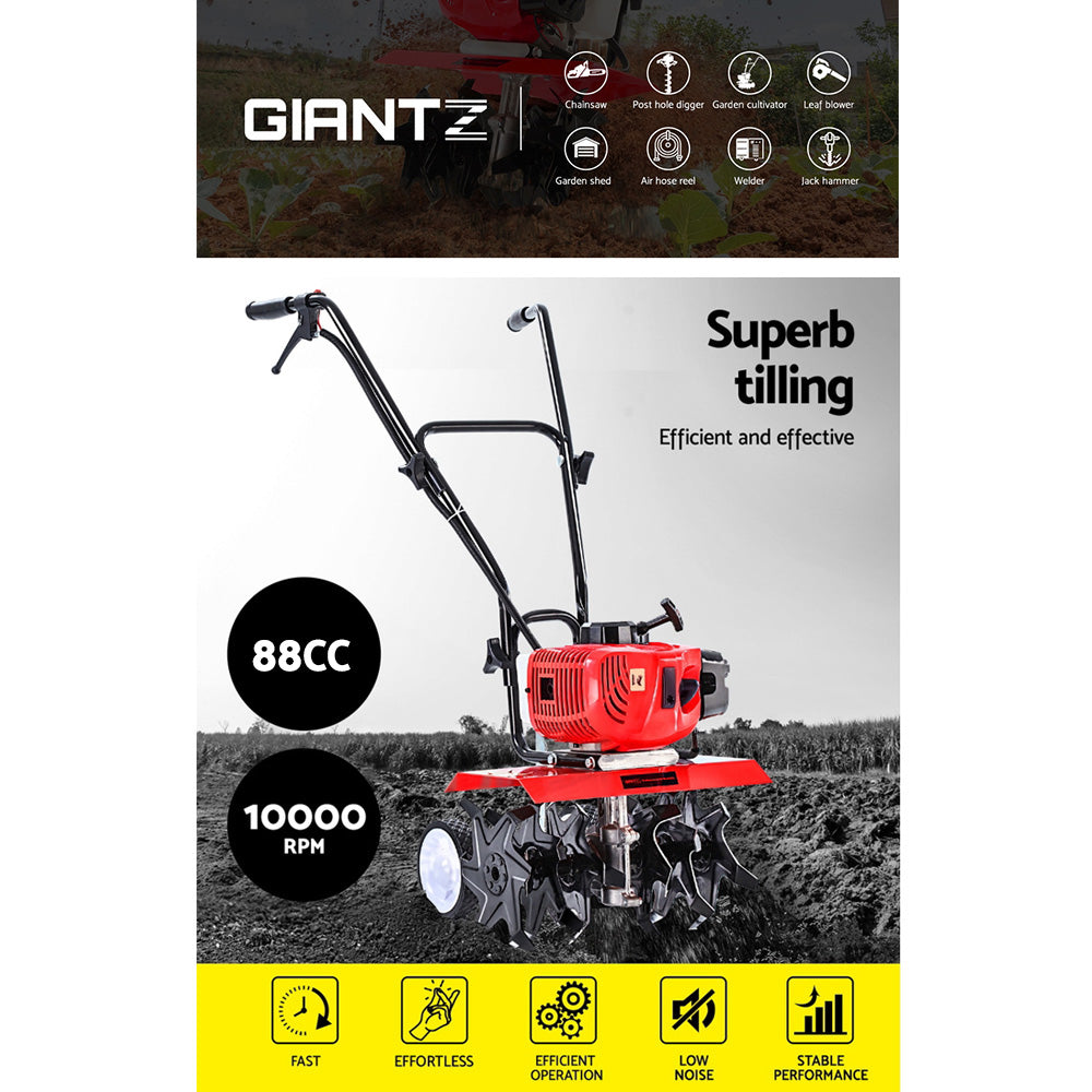 A red and black **Giantz 88CC Tiller Rototiller Garden Cultivator 6 Blades Soil Power Rotary Hoe** with sharp agricultural blades, a powerful 88cc motor, and handles for maneuvering. The garden cultivator is designed for use in gardening or farming to break up soil. The design includes durable tires for easy movement.