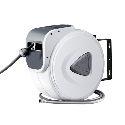 A white, wall-mounted Giantz Air Hose Reel 10m Retractable Rewind Swivel Wall Mount Compressor Garage with a grey handle and UV-resistant PVC hose attachment. The hose, coiled inside the reel, extends out slightly. A black mounting bracket is visible on the right side.