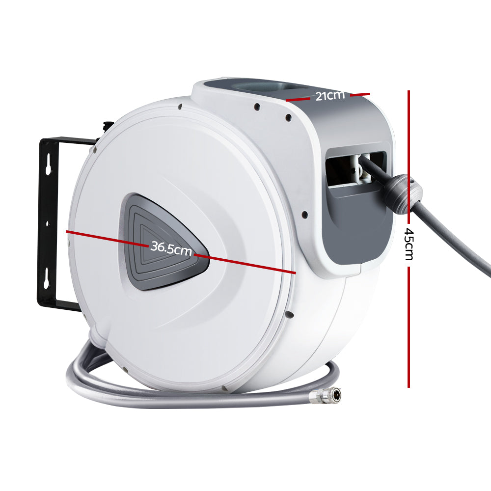 A Giantz Air Hose Reel 20m Retractable Rewind Swivel Wall Mount Compressor Garage, featuring a UV-resistant PVC hose, is mounted on a black bracket. The hose is partially extended with the nozzle resting in a slot on the side of the reel.