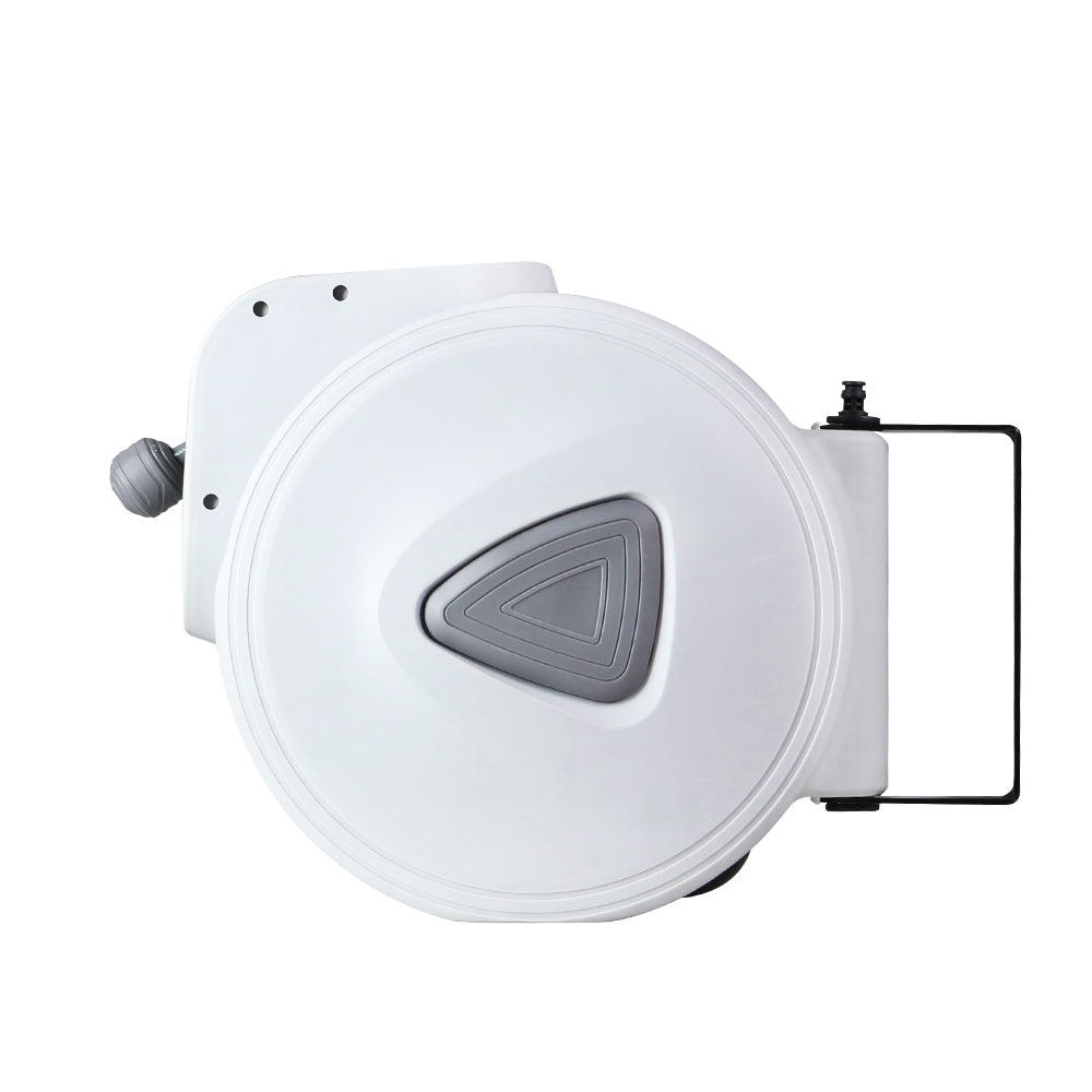 A Giantz Air Hose Reel 20m Retractable Rewind Swivel Wall Mount Compressor Garage, featuring a UV-resistant PVC hose, is mounted on a black bracket. The hose is partially extended with the nozzle resting in a slot on the side of the reel.