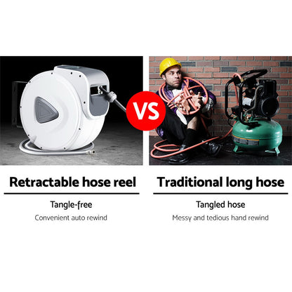 A Giantz Air Hose Reel 20m Retractable Rewind Swivel Wall Mount Compressor Garage, featuring a UV-resistant PVC hose, is mounted on a black bracket. The hose is partially extended with the nozzle resting in a slot on the side of the reel.