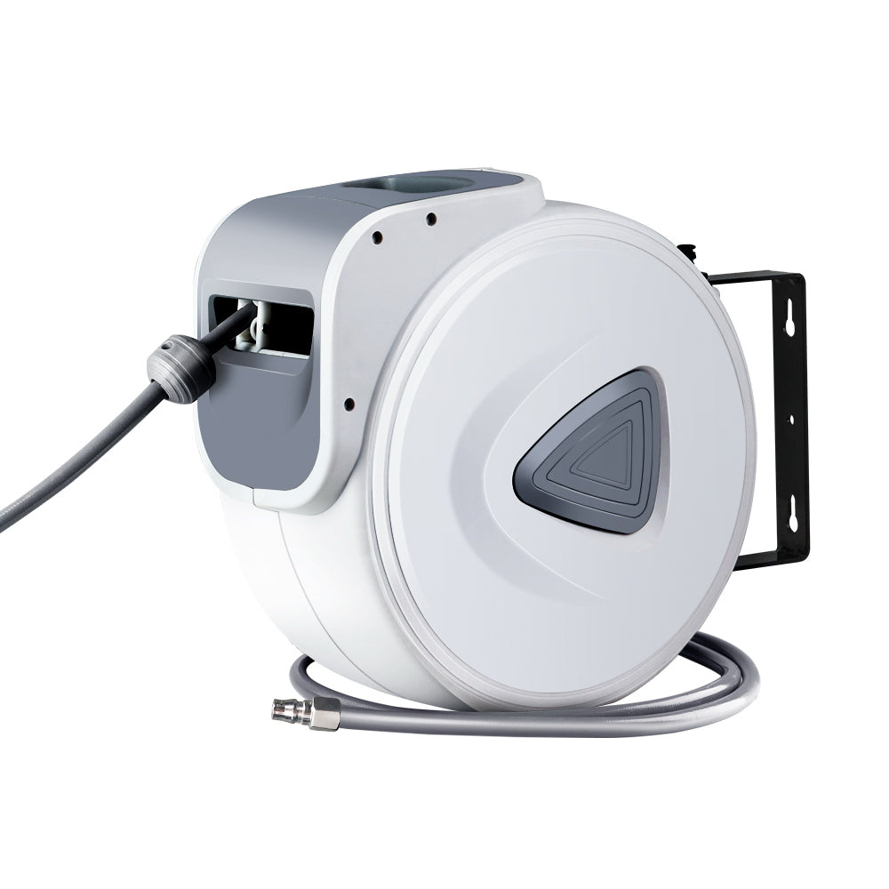 A Giantz Air Hose Reel 20m Retractable Rewind Swivel Wall Mount Compressor Garage, featuring a UV-resistant PVC hose, is mounted on a black bracket. The hose is partially extended with the nozzle resting in a slot on the side of the reel.