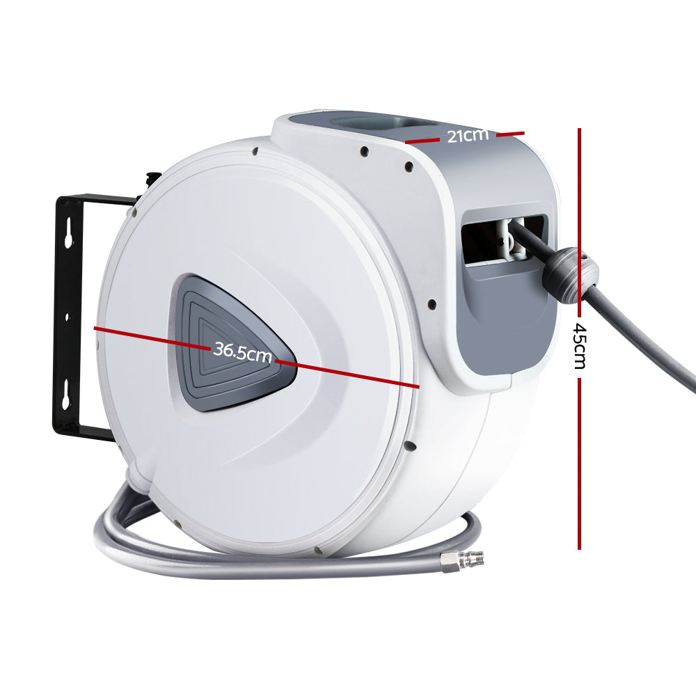 A Giantz Air Hose Reel 20m Retractable Rewind Swivel Wall Mount Compressor Garage, featuring a UV-resistant PVC hose, is mounted on a black bracket. The hose is partially extended with the nozzle resting in a slot on the side of the reel.