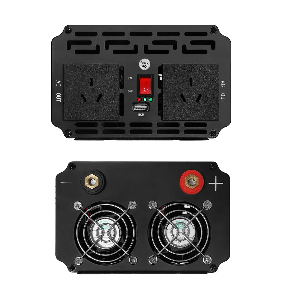 The image shows a dual-outlet Giantz Power Inverter 1000W or 2000W Pure Sine Wave 12V-240V Camping Boat Caravan with two sockets on the top, a red toggle switch in the center, and a USB port below it. The bottom half displays the rear side with two cooling fans, a positive terminal in red, and a negative terminal in black designed for 12V sources to power 240V appliances.