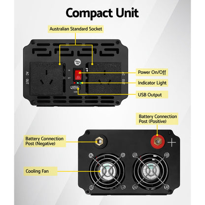 The image shows a dual-outlet Giantz Power Inverter 1000W or 2000W Pure Sine Wave 12V-240V Camping Boat Caravan with two sockets on the top, a red toggle switch in the center, and a USB port below it. The bottom half displays the rear side with two cooling fans, a positive terminal in red, and a negative terminal in black designed for 12V sources to power 240V appliances.