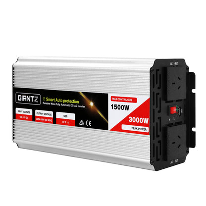 The image shows a silver Giantz 1500W Puresine Wave DC-AC Power Inverter with a power rating of 1500W and a peak power of 3000W. Designed for high efficiency, it operates from a 12V source and measures 35cm x 16cm x 10cm. A pair of black and red power cables are displayed below the inverter.