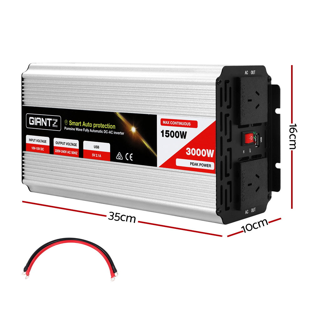 The image shows a silver Giantz 1500W Puresine Wave DC-AC Power Inverter with a power rating of 1500W and a peak power of 3000W. Designed for high efficiency, it operates from a 12V source and measures 35cm x 16cm x 10cm. A pair of black and red power cables are displayed below the inverter.