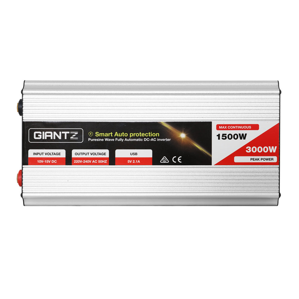 The image shows a silver Giantz 1500W Puresine Wave DC-AC Power Inverter with a power rating of 1500W and a peak power of 3000W. Designed for high efficiency, it operates from a 12V source and measures 35cm x 16cm x 10cm. A pair of black and red power cables are displayed below the inverter.