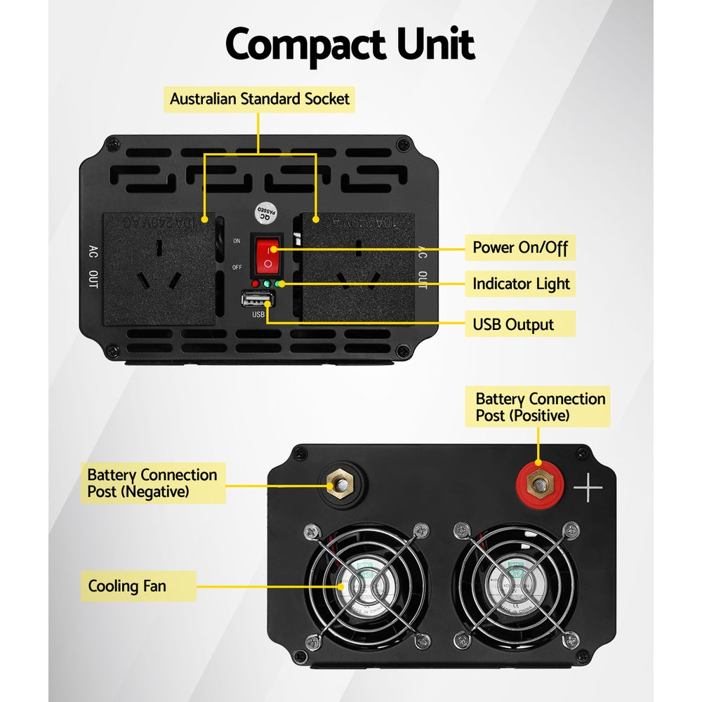 The image shows a silver Giantz 1500W Puresine Wave DC-AC Power Inverter with a power rating of 1500W and a peak power of 3000W. Designed for high efficiency, it operates from a 12V source and measures 35cm x 16cm x 10cm. A pair of black and red power cables are displayed below the inverter.