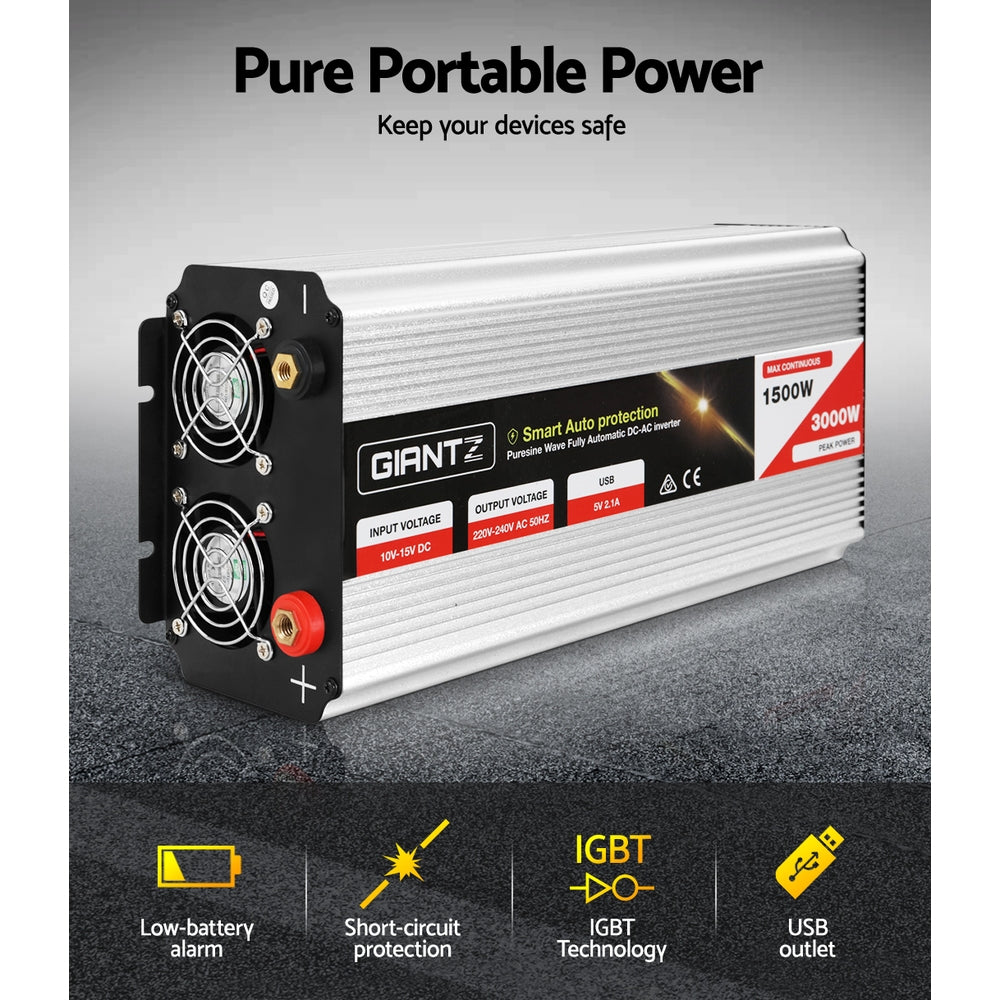 The image shows a silver Giantz 1500W Puresine Wave DC-AC Power Inverter with a power rating of 1500W and a peak power of 3000W. Designed for high efficiency, it operates from a 12V source and measures 35cm x 16cm x 10cm. A pair of black and red power cables are displayed below the inverter.