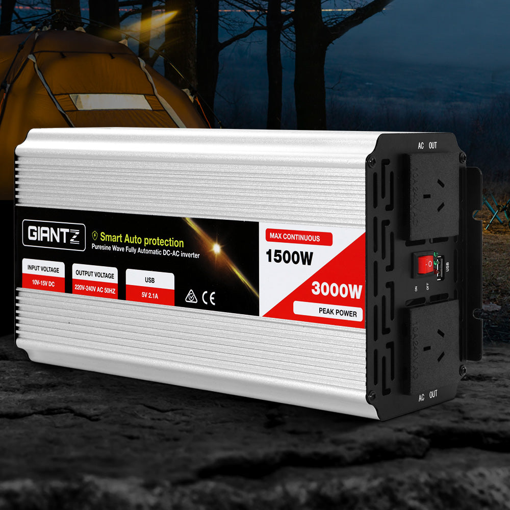 The image shows a silver Giantz 1500W Puresine Wave DC-AC Power Inverter with a power rating of 1500W and a peak power of 3000W. Designed for high efficiency, it operates from a 12V source and measures 35cm x 16cm x 10cm. A pair of black and red power cables are displayed below the inverter.