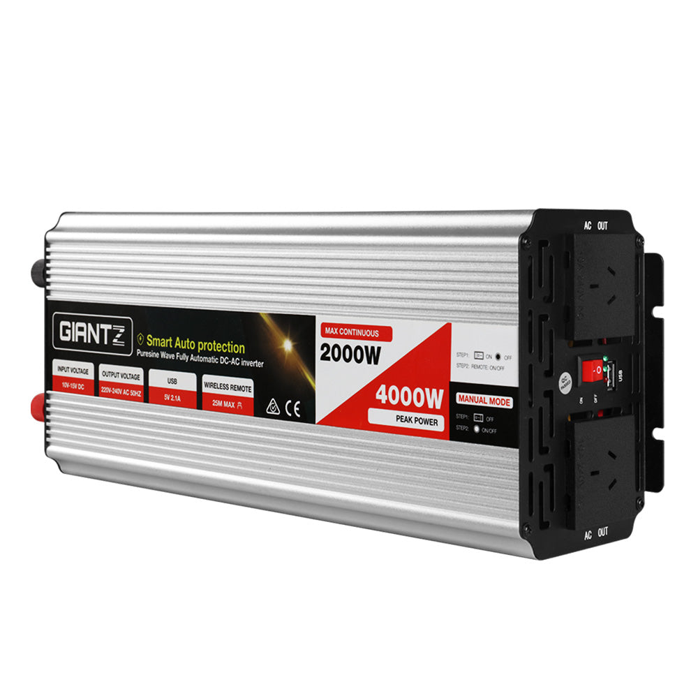 Image of a "Giantz Power Inverter 2000W or 4000W Pure Sine Wave 12V-240V Camping Boat Caravan" featuring "Pure Portable Power". It includes a low-battery alarm, short-circuit protection, IGBT technology, and a USB outlet. Designed for 12V battery use, it outputs 240V AC with continuous power of 2000W, peaking at 4000W—ideal for 240V appliances.