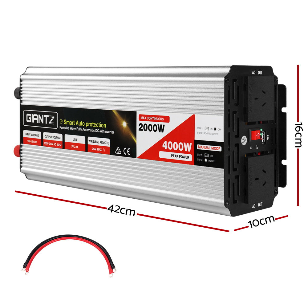 Image of a "Giantz Power Inverter 2000W or 4000W Pure Sine Wave 12V-240V Camping Boat Caravan" featuring "Pure Portable Power". It includes a low-battery alarm, short-circuit protection, IGBT technology, and a USB outlet. Designed for 12V battery use, it outputs 240V AC with continuous power of 2000W, peaking at 4000W—ideal for 240V appliances.