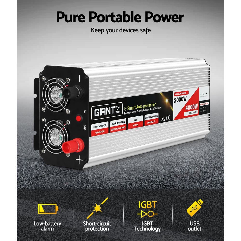 Image of a "Giantz Power Inverter 2000W or 4000W Pure Sine Wave 12V-240V Camping Boat Caravan" featuring "Pure Portable Power". It includes a low-battery alarm, short-circuit protection, IGBT technology, and a USB outlet. Designed for 12V battery use, it outputs 240V AC with continuous power of 2000W, peaking at 4000W—ideal for 240V appliances.