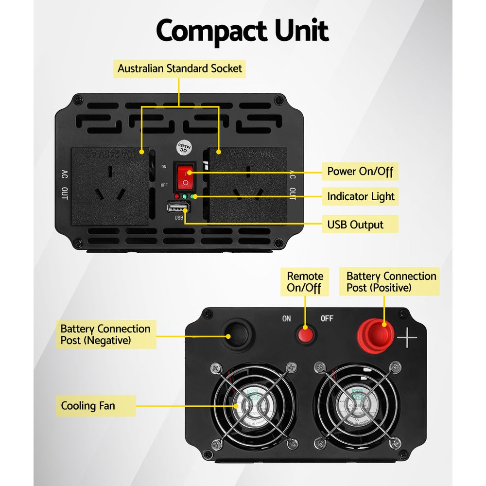 Image of a "Giantz Power Inverter 2000W or 4000W Pure Sine Wave 12V-240V Camping Boat Caravan" featuring "Pure Portable Power". It includes a low-battery alarm, short-circuit protection, IGBT technology, and a USB outlet. Designed for 12V battery use, it outputs 240V AC with continuous power of 2000W, peaking at 4000W—ideal for 240V appliances.